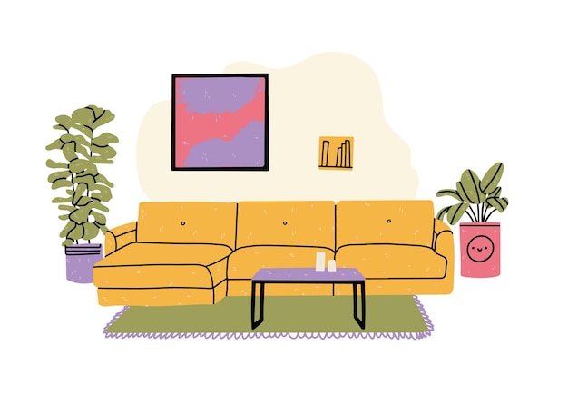 Modern living room interior with sofa, potted plants and home decorations. comfy and cozy lounge