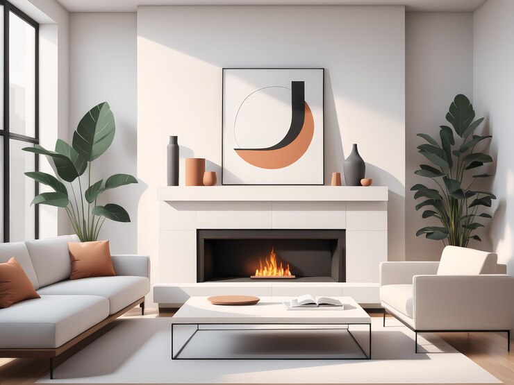 Vector modern living room oasis a stylish blend of white comfort natural beauty and artistic touches
