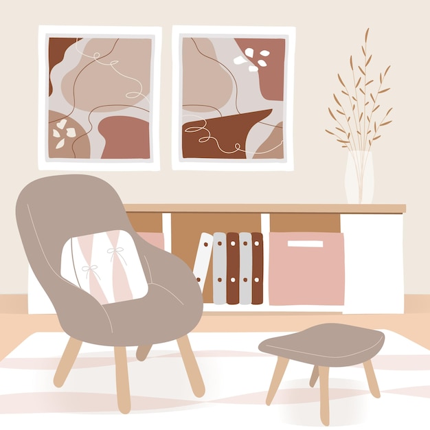 Вектор Современная гостиная с мебелью и декоромвекторная иллюстрация