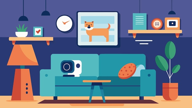 A modern living room with a sleek wallmounted pet camera that offers live streaming and twoway audio