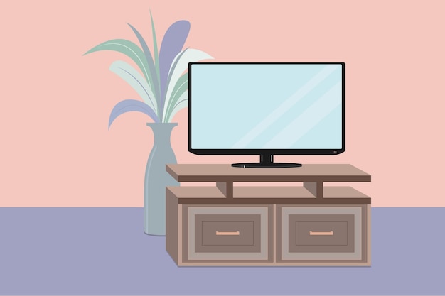 Soggiorno moderno con impianto tv. illustrazione vettoriale. grande tv e vaso con fiori