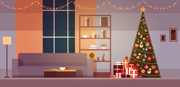 冬の休日の装飾付きのモダンなリビングルームクリスマスツリーと花輪ホームインテリア
