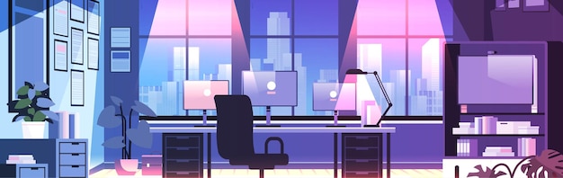 Vettore interni moderni loft di home office open space notturno con mobili per lavoro aziendale o freelance