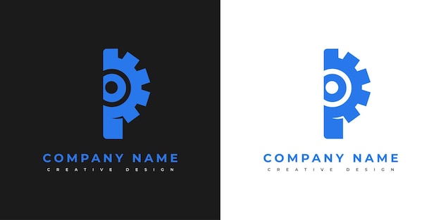 現代のロゴ P 文字のイニシャルと光ファイバーケーブルベクトルデザインテンプレートギア付きの回路板ラインのアイコンテクノロジーエンジニアリングネットワークサービス電子コンポーネントに使用されるサイン