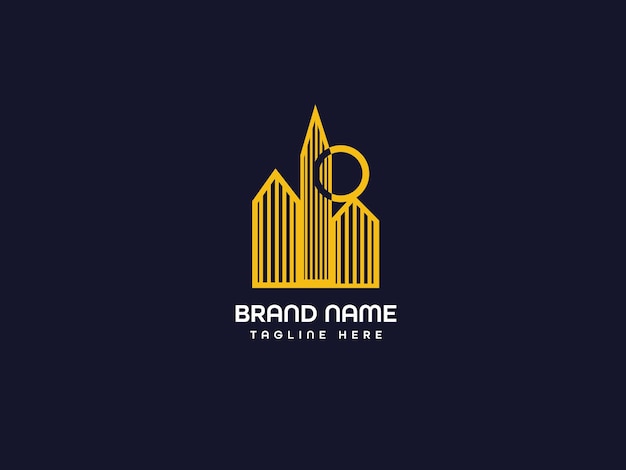 A modern logo with a moon and a building on a dark background