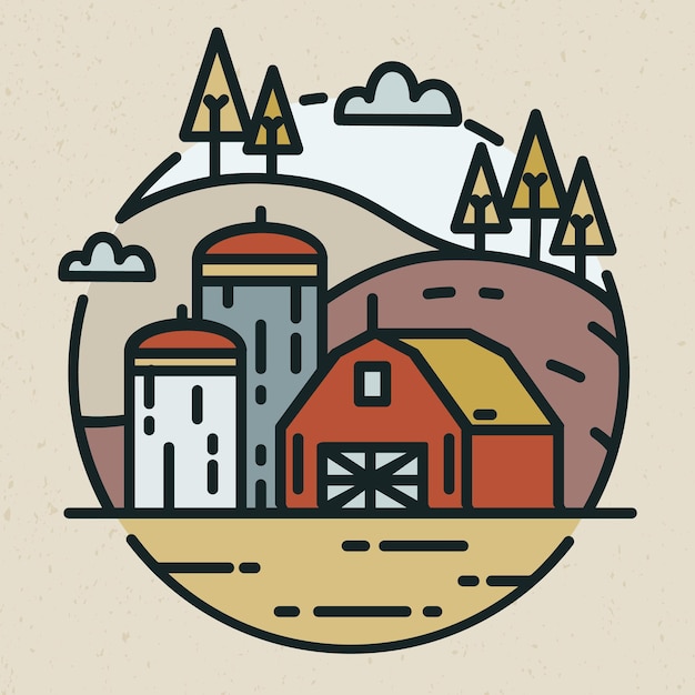 Vettore logotipo moderno con paesaggio di campagna e edificio agricolo con silos per lo stoccaggio del grano disegnato in stile lineare. logo rotondo con terreno coltivato isolato su sfondo chiaro. illustrazione vettoriale creativo