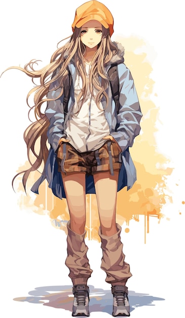 Modern looking anime girl vector illustration shorts and cap full body shot