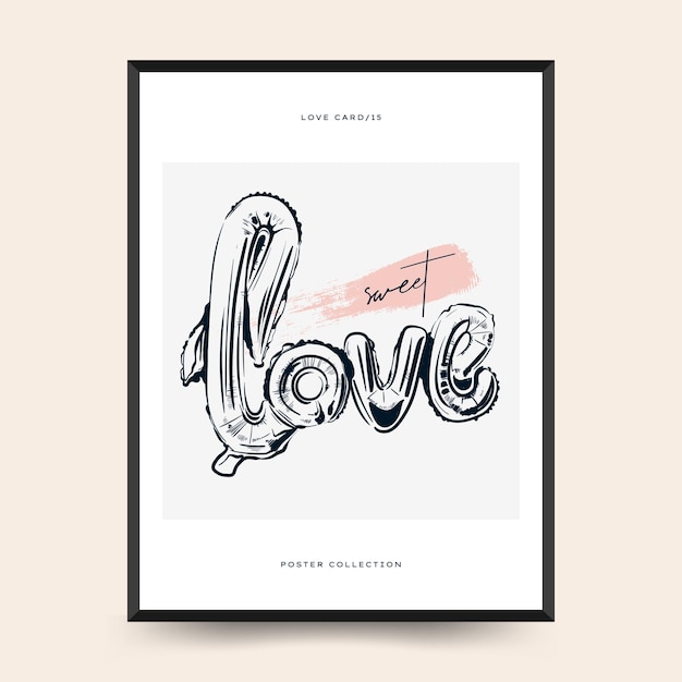 Modern Love vertical flyer or poster template Romantic hand drawn Valentine day card