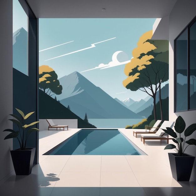 Vector modern luxury hotel room design with swimming pool and mountains modern luxury hotel room desi