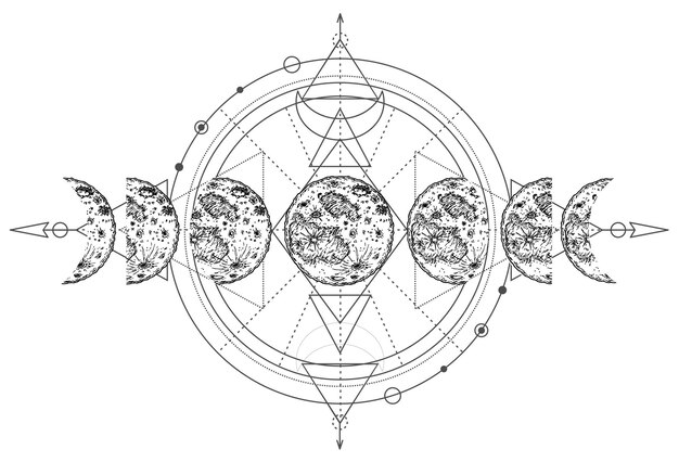 Carta di stregoneria magica moderna con fasi lunari simbolo della luna pagana tripla luna luna wicca pagana