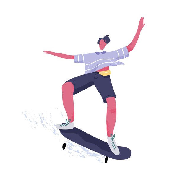 Modern male skateboarder riding skateboard. young guy
performing tricks and jumping on long board. extreme skateboarding,
summer street sport. flat vector illustration isolated on white
background.