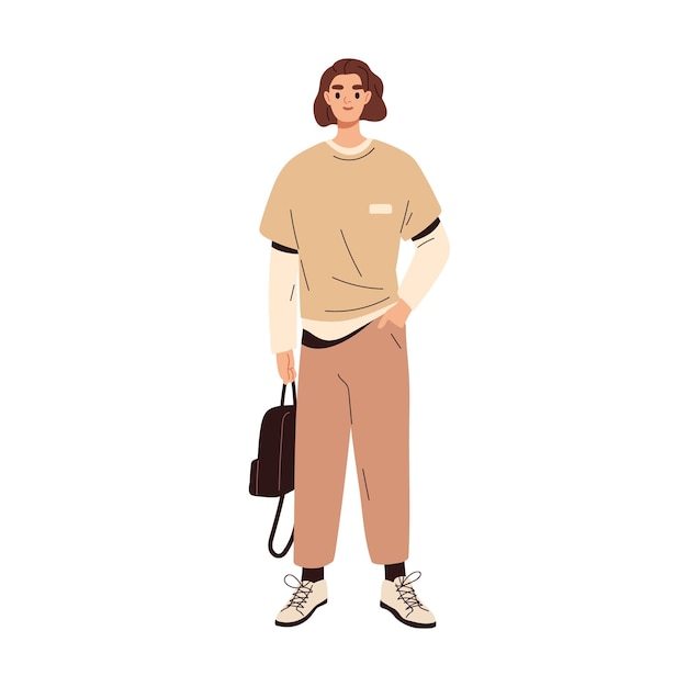 패션 캐주얼 옷을 입은 현대인. 트렌디한 옷을 입은 젊은 남자. 배낭을 메고 바지와 긴 소매를 입은 남성 캐릭터. 세련된 남자들이 보인다. 플랫 벡터 일러스트 레이 션 화이트에 격리입니다.