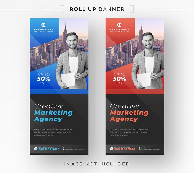 Vector modern marketingbureau toont tentoonstelling roll-up signage of pull-up banner met blauw en oranje