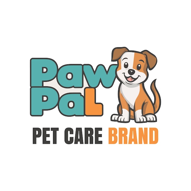 Vettore moderno logo della mascotte di un amichevole cane dei cartoni animati per un marchio di cura per animali domestici chiamato pawpal