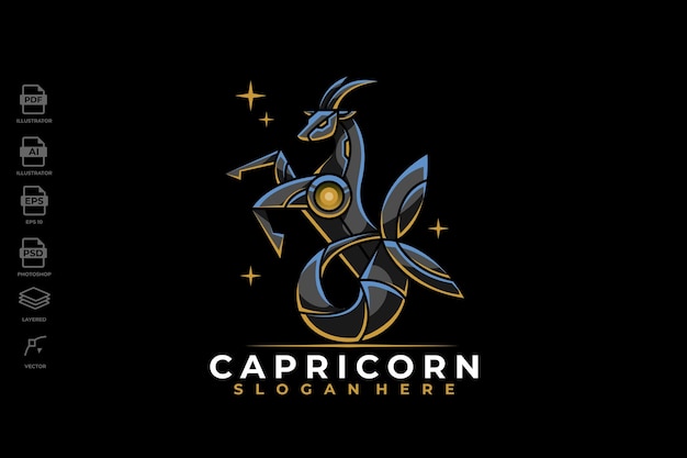 Modern Mecha Robotic Zodiac Capricorn Logo Design Template Illustration Tattoo Wallpaper Art