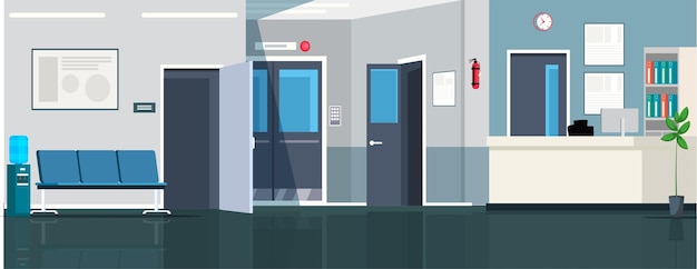 현대 의료 클리닉 의사 사무실 환자 좌석 엘리베이터 리셉션 데스크 및 약속 빈 의료 기관 수평 배경의 인테리어 디자인 및 가구