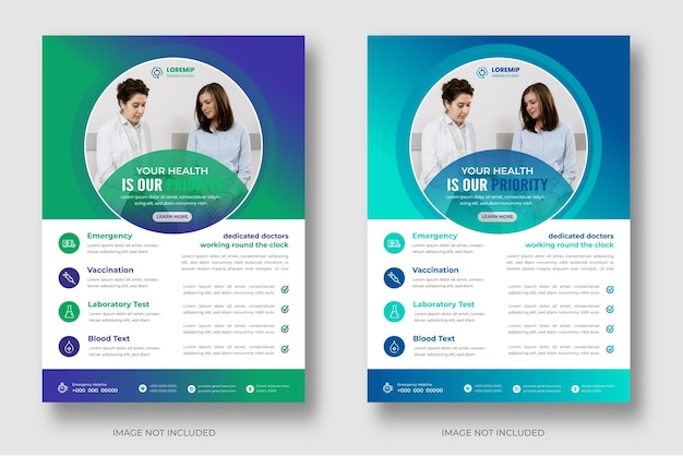 青と緑の色で設定された現代の医師ヘルスケアビジネスチラシテンプレートデザイン