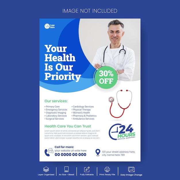 Modern Medical Healthcare service vertical print flyer or poster and brochure cover template design