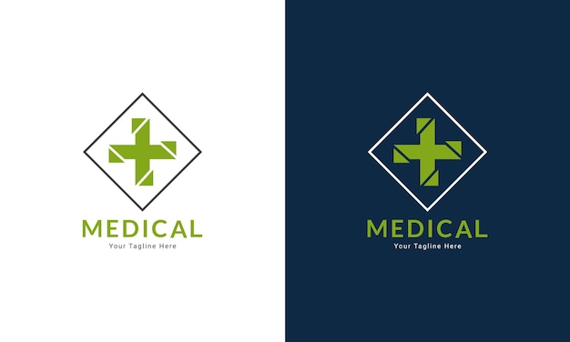 Modern medisch logo-ontwerp. rechthoekig met gebroken plustekencombinatie geïsoleerd