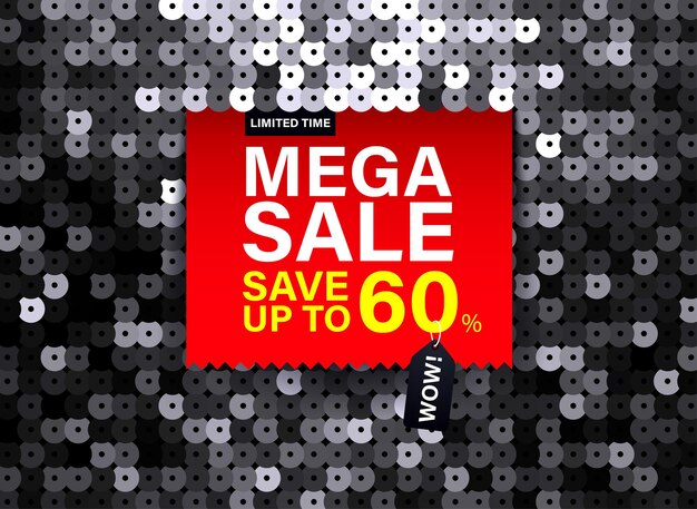 Vettore banner di vendita mega moderno con effetto tessuto paillettes nero per offerte speciali vendite e sconti