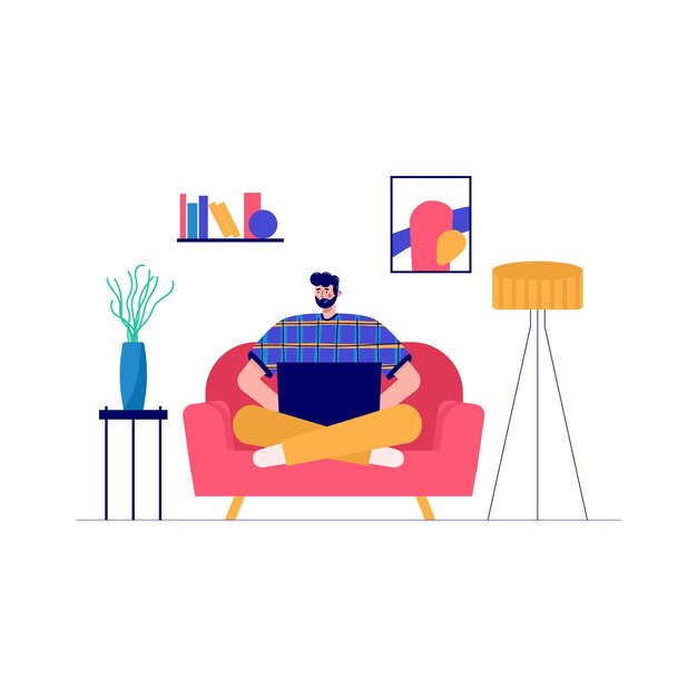 Vector modern men working on couch with laptop. set of people enjoying their hobbies, work, leisure. vector illustration in flat cartoon style