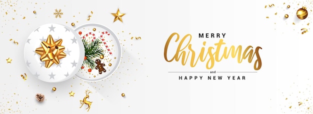Современный дизайн поздравительных открыток с рождеством и новым годом, зимний дизайн с золотыми украшениями и подарочными коробками на белом фоне.