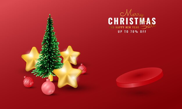 Modern merry christmas and happy new year banner with podium, star and tree decorations