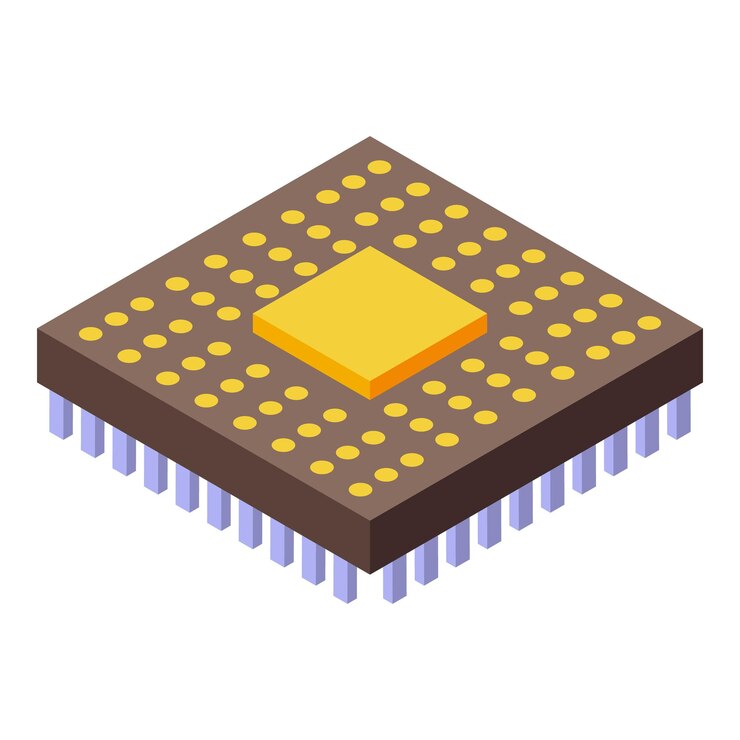 Vector modern microchip showing isometric view with golden contacts and violet pins