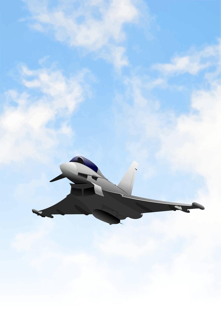 Вектор современный военный реактивный самолет eurofighter typhoon летит высоко в облачном небе.