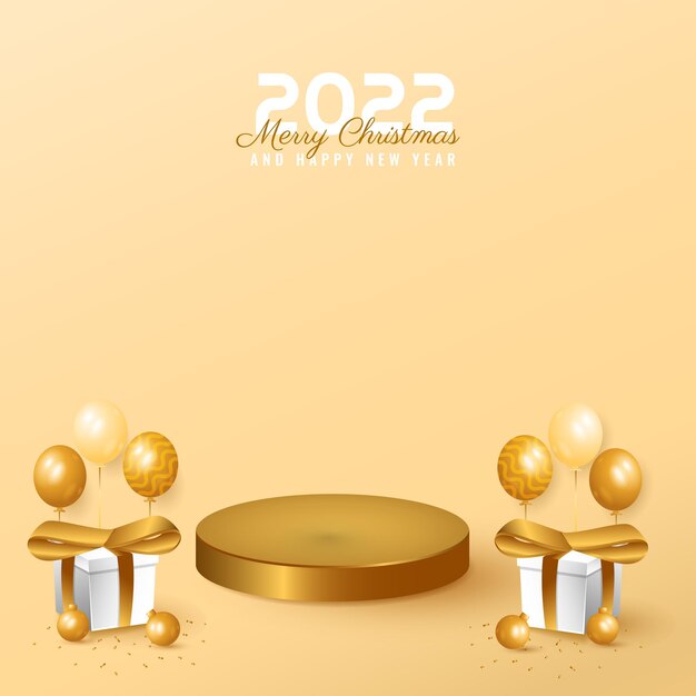 Striscione moderno minimale 2022 felice anno nuovo e buon natale con podio, scatola e palloncino
