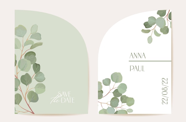 현대 최소한의 아트 데코 결혼식 벡터 초대장 세트입니다. Boho 유칼립투스, 녹색 잎 분기 카드 템플릿입니다. 열 대 잎 녹지 포스터, 꽃 프레임입니다. Save Date 트렌디한 디자인, 고급스러운 브로셔