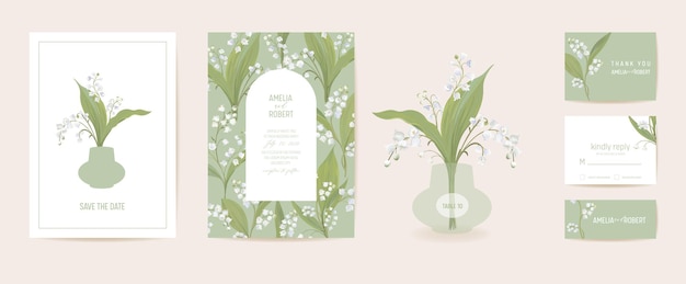 Vettore di matrimonio art deco minimal moderno set di inviti. modello di carta di fiori di giglio boho. poster di fiori pastello primaverili, cornice floreale. save the date design alla moda, brochure di lusso