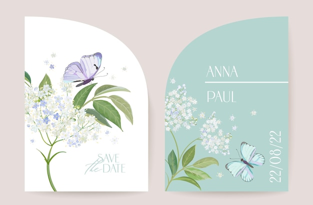 Modern minimal Art Deco wedding vector Invitation set. Boho white elderflower and butterfly card template. Spring flowers poster, floral frame. Save the Date trendy design, luxury brochure