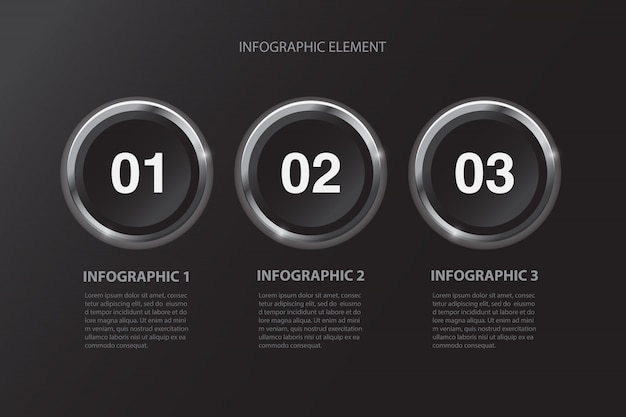 Modern minimal black buttons three steps infographics design element for business presentation.