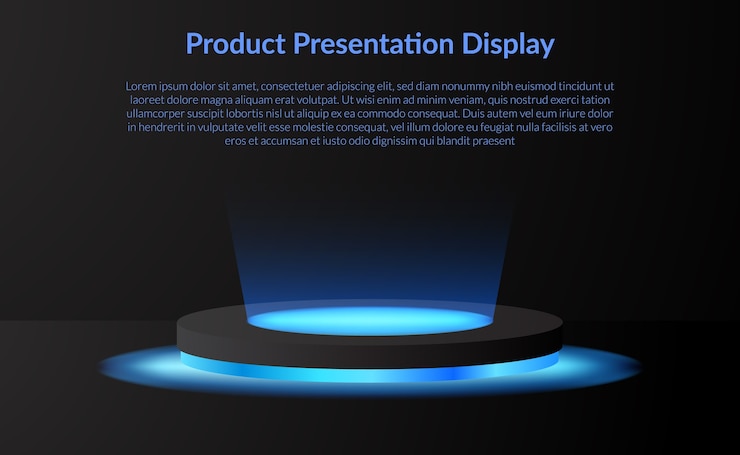 Vector modern minimalism product display stage podium pedestal with neon lamp glow spotlight and dark background