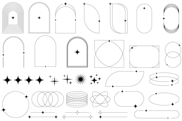 벡터 현대적인 미니멀한 미적 선형 프레임 retro stars starburst 아이콘 및 미니멀한 프레임과 트윙클 스타 벡터 유행 아이콘 및 기호 eps 10이 있는 테두리