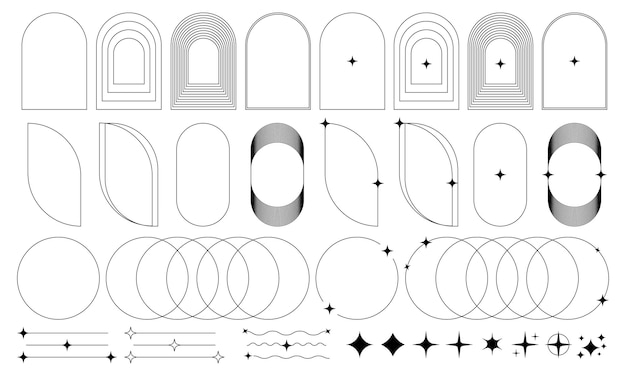 벡터 모더니즘 미니멀 에스테틱 선형 프레임 스타 스타버스트 아이콘과 미니멀 프레임 및 반 ⁇ 이는 별과 함께 경계 y2k 그래픽 요소 컬렉션  ⁇ 터 일러스트레이션 eps 10