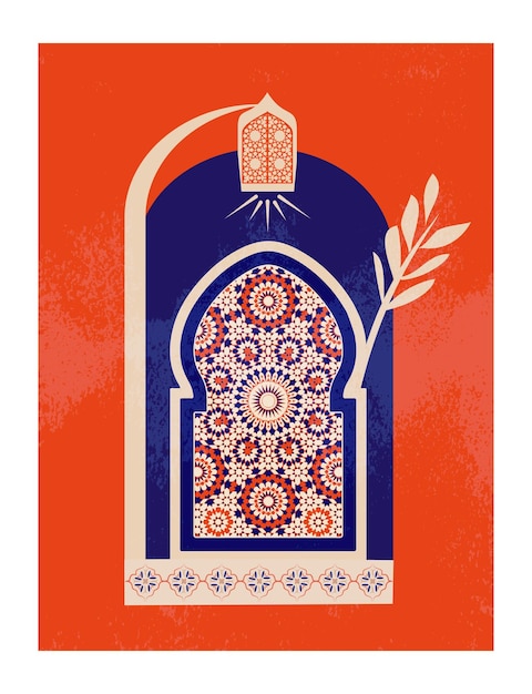 Vettore design boho moderno e minimalista scena marocchina porte finestre marocchine e oggetti tradizionali
