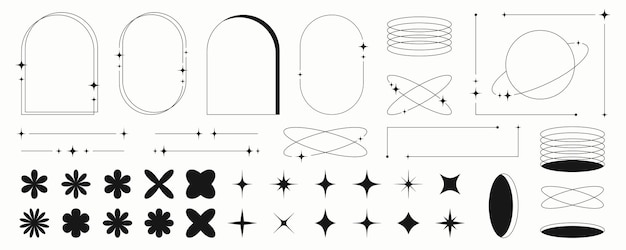 Вектор Современные минималистские линейные рамки и элементы в модном ретро-стиле, эстетический дизайн y2k