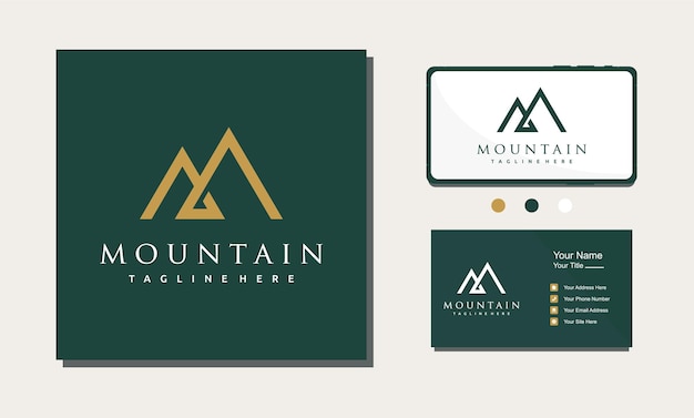 Modern minimalist mountain line art gold logo design icon illustration