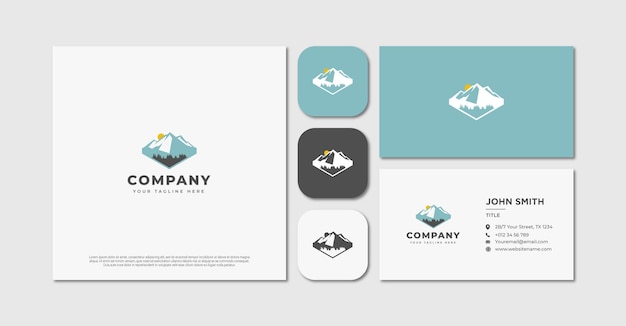 Вектор Современный минималистичный горный логотип и визитная карточка