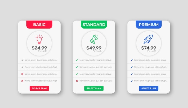 Modern minimalist pricing plan list comparison banners infographic template