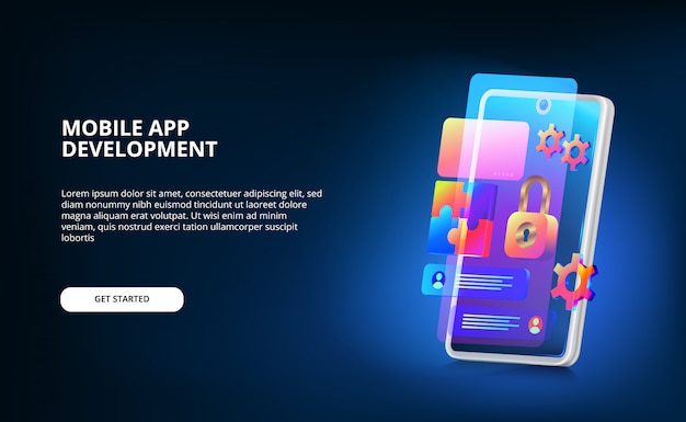 Modern mobile app development with screen ui design, padlock, and gear system with neon gradient color and 3d smartphone with glow screen.