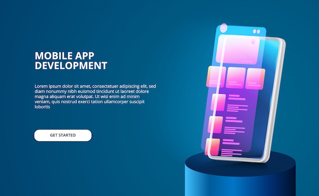 Vector modern mobile app development with screen ui design with neon gradient color and 3d smartphone with glow screen.