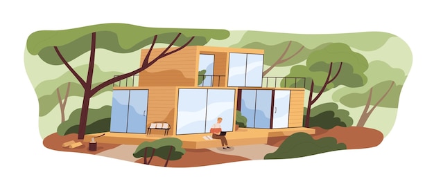 Modern modular house building and person with laptop on wooden patio. Man outside wood and glass home in nature among trees in summer. Colored flat vector illustration isolated on white background.