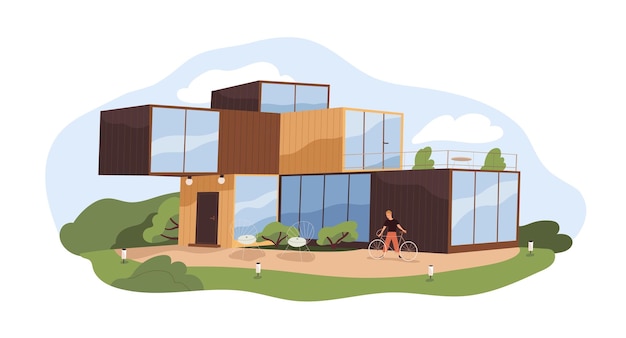 Vector modern modular house and person outside. exterior of wood and glass container home in nature. residential building, trendy mansion. colored flat vector illustration isolated on white background