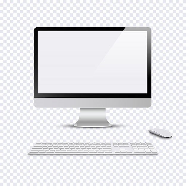 Vector modern monitor with keyboard and computer mouse on transparent background