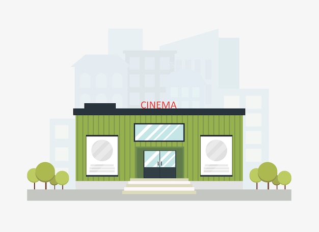 Vector modern movie theater building with a sign boards with city skyline. cinema building.