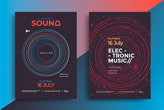 벡터 원형 라인을 사용한 현대 음악 축제 포스터 디자인으로 역동적인 효과를 연출합니다. electronic sound club
