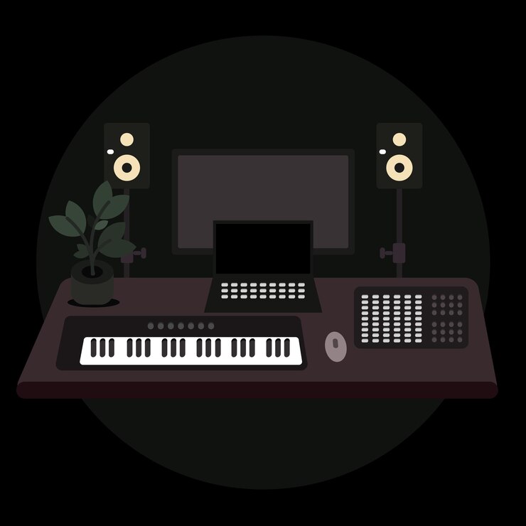 Vector modern music production studio with keyboard and monitors